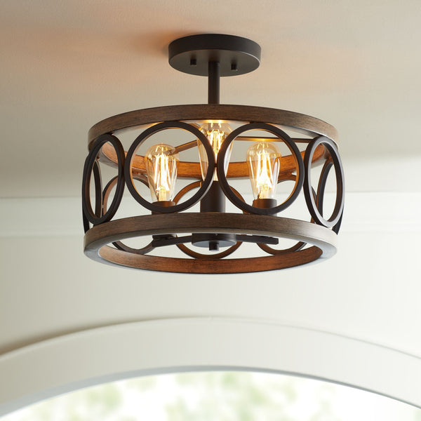 transitional black walnut wood iron semi flush ceiling light