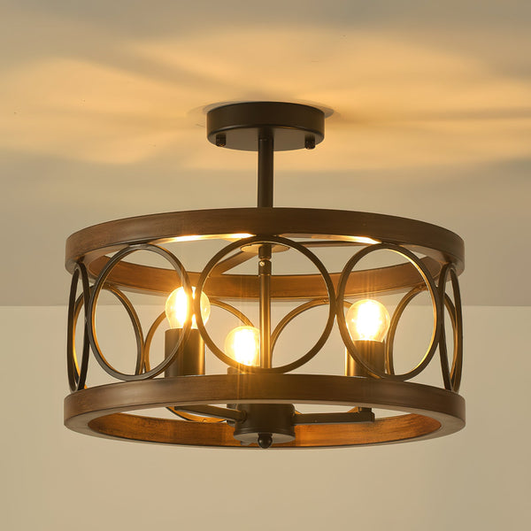 transitional black walnut wood iron semi flush ceiling light