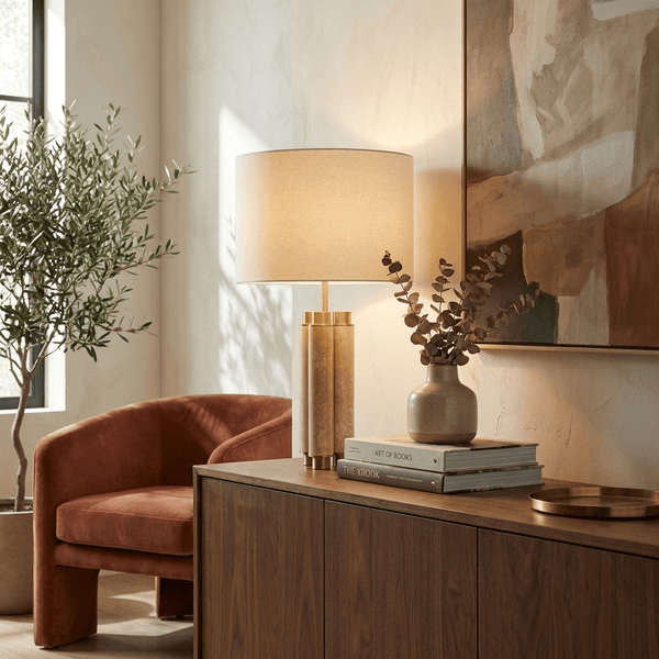 travertine brass column table lamp