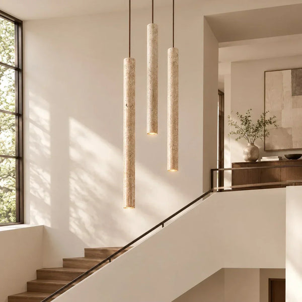 wabi sabi cylinder travertine pendant light kitchen island