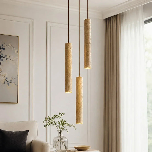 wabi sabi cylinder travertine pendant light kitchen island