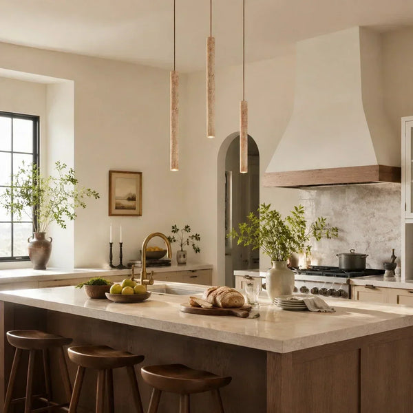 wabi sabi cylinder travertine pendant light kitchen island