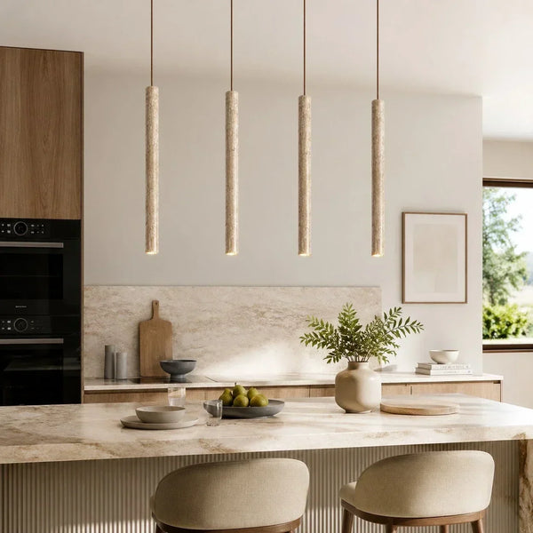 wabi sabi cylinder travertine pendant light kitchen island
