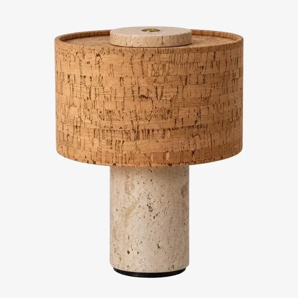 wabi sabi neutral travertine drum fabric table lamp