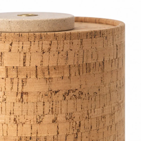 wabi sabi neutral travertine drum fabric table lamp