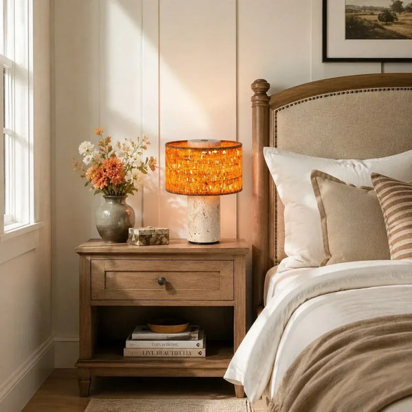 wabi sabi neutral travertine drum fabric table lamp