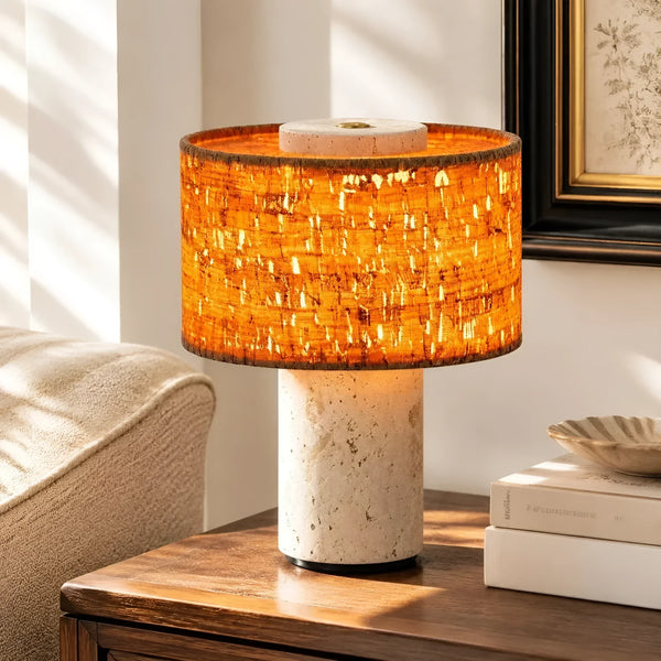 wabi sabi neutral travertine drum fabric table lamp