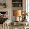 wabi sabi neutral travertine drum fabric table lamp
