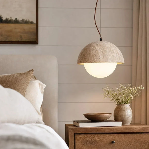 wabi sabi round dome travertine pendant light