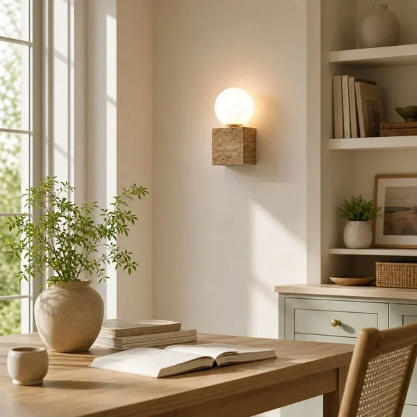 wabi sabi sage travertine frosted glass cube wall lamp