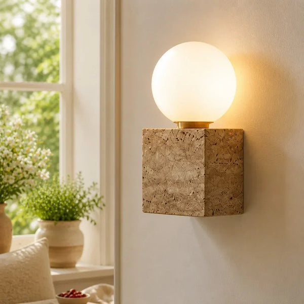 wabi sabi sage travertine frosted glass cube wall lamp