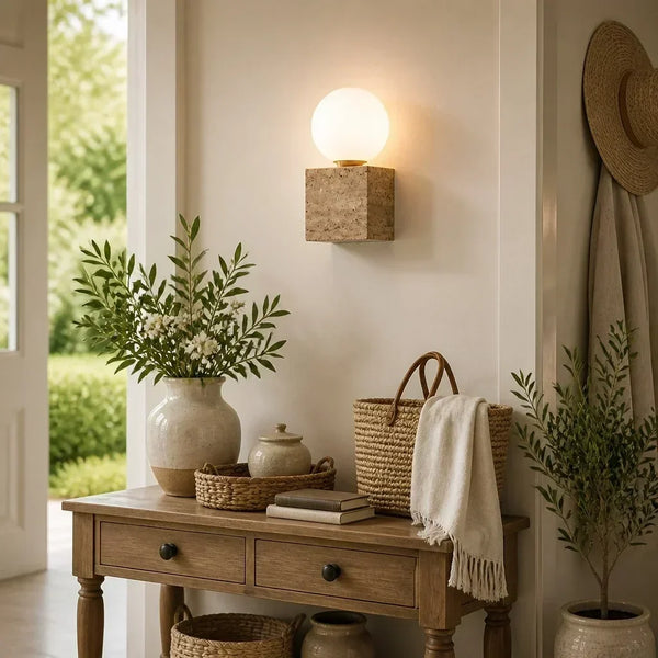 wabi sabi sage travertine frosted glass cube wall lamp