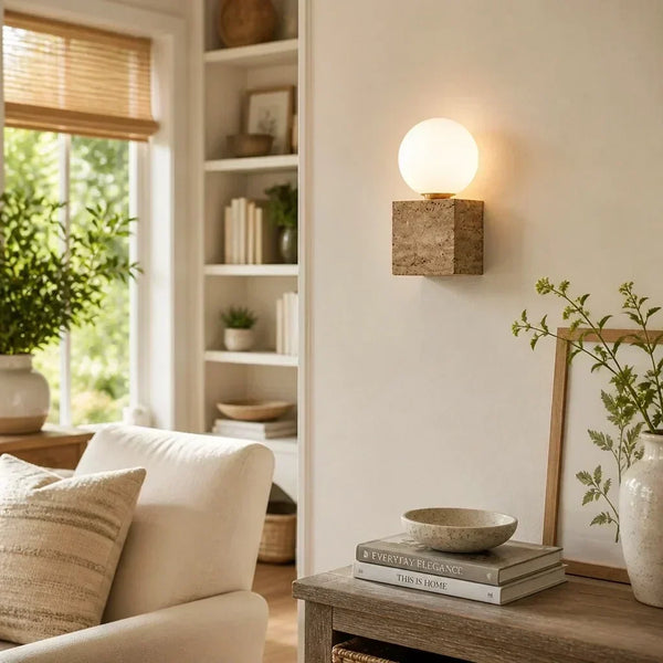 wabi sabi sage travertine frosted glass cube wall lamp