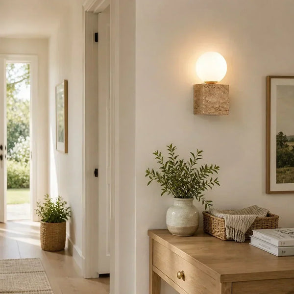 wabi sabi sage travertine frosted glass cube wall lamp