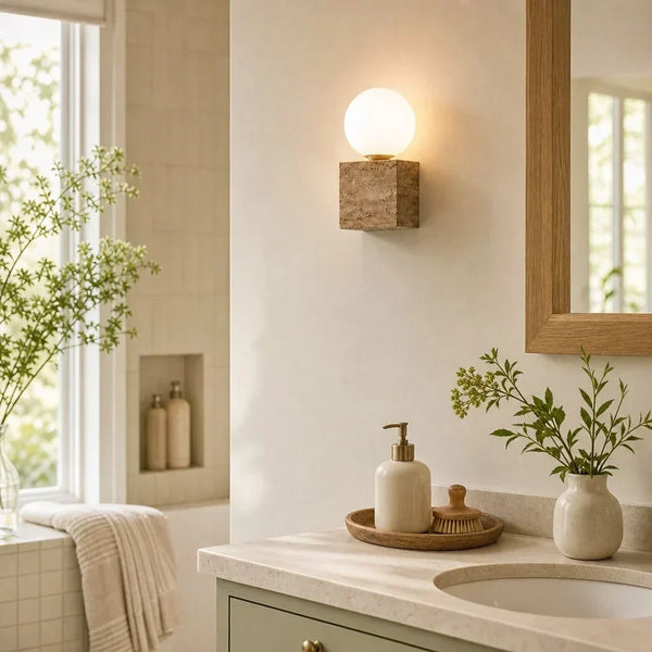 wabi sabi sage travertine frosted glass cube wall lamp