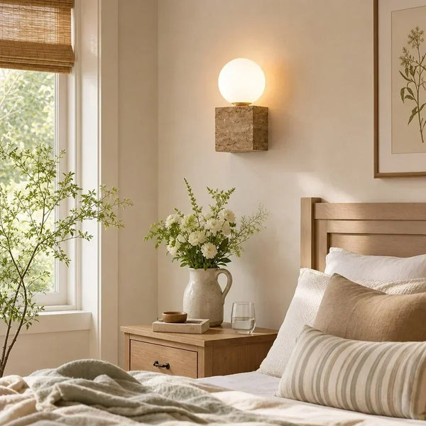 wabi sabi sage travertine frosted glass cube wall lamp