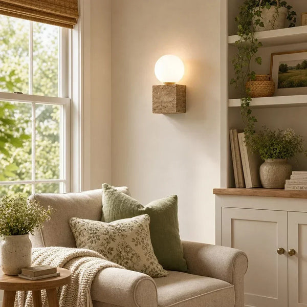 wabi sabi sage travertine frosted glass cube wall lamp