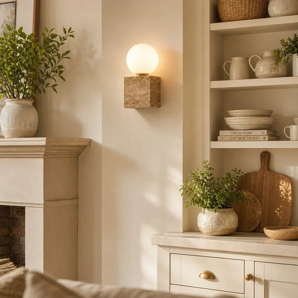 wabi sabi sage travertine frosted glass cube wall lamp
