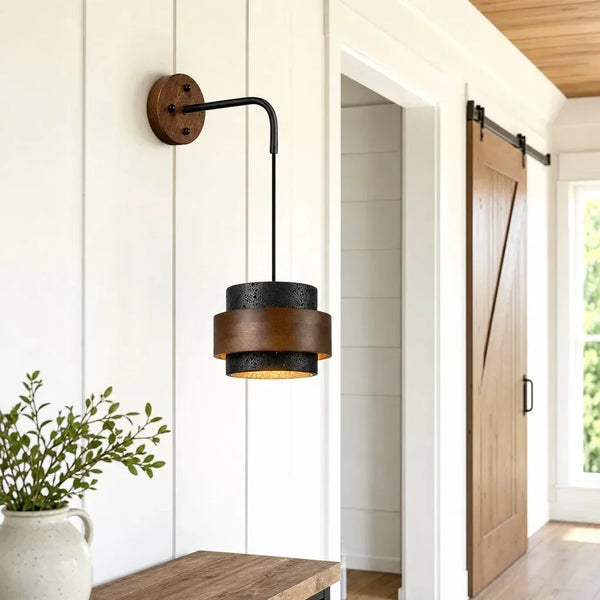 wabi sabi travertine cylinder wall sconce matte black