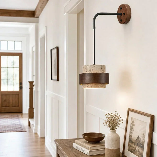 wabi sabi travertine cylinder wall sconce matte black
