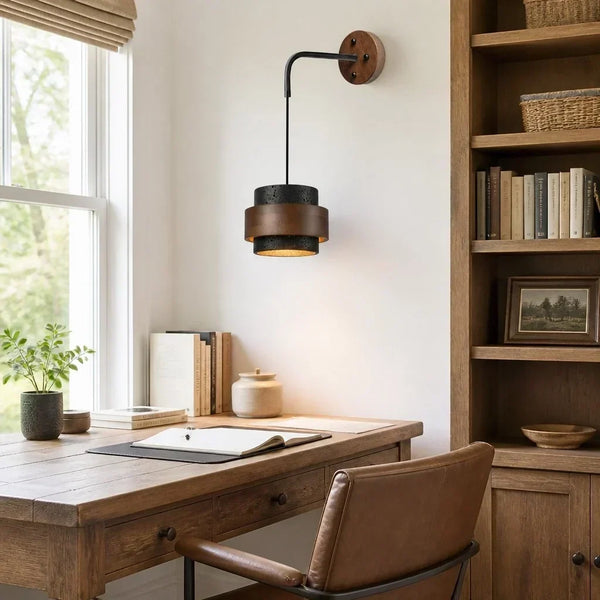 wabi sabi travertine cylinder wall sconce matte black