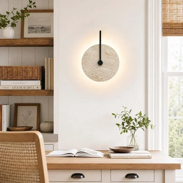 wabi sabi travertine disc wall sconce matte black