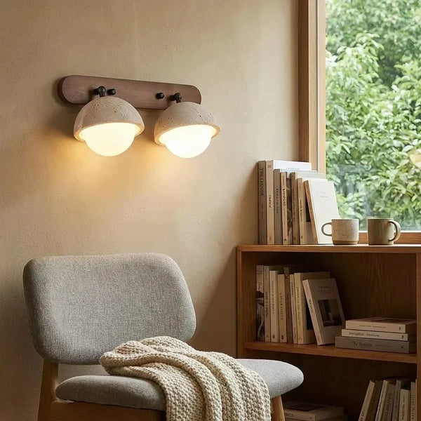 wabi sabi travertine walnut globe wall sconce