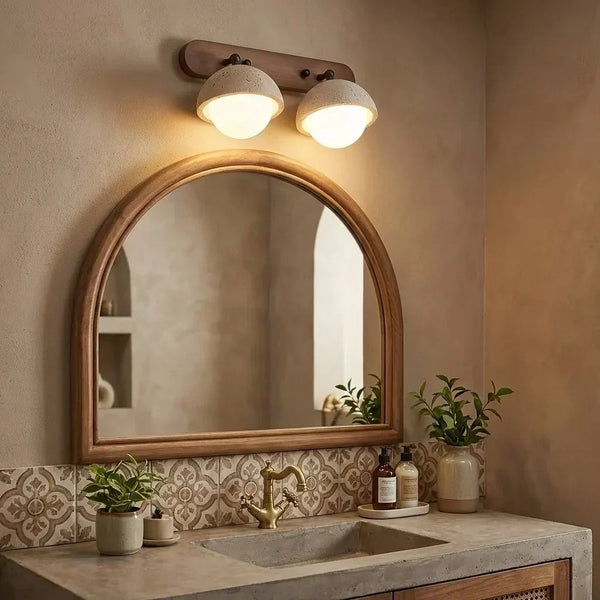 wabi sabi travertine walnut globe wall sconce