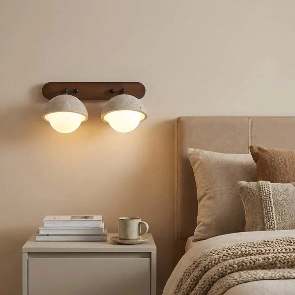 wabi sabi travertine walnut globe wall sconce