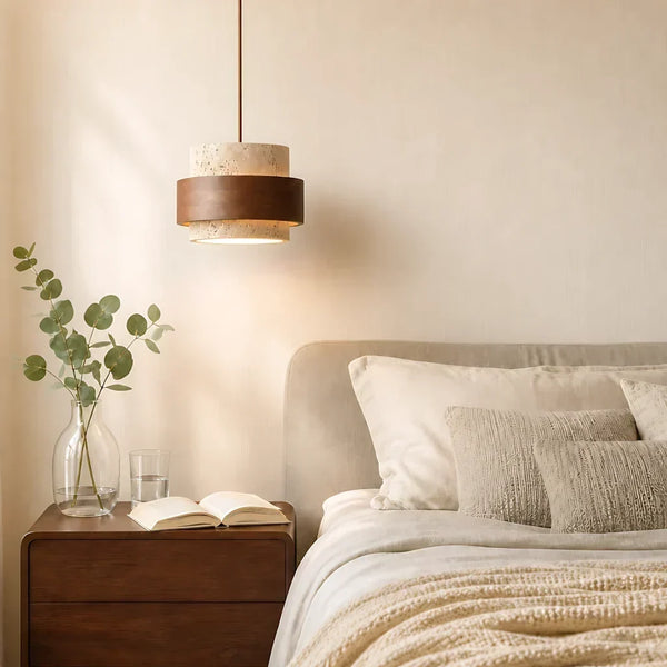 wabi sabi travertine wood cylindrical pendant light