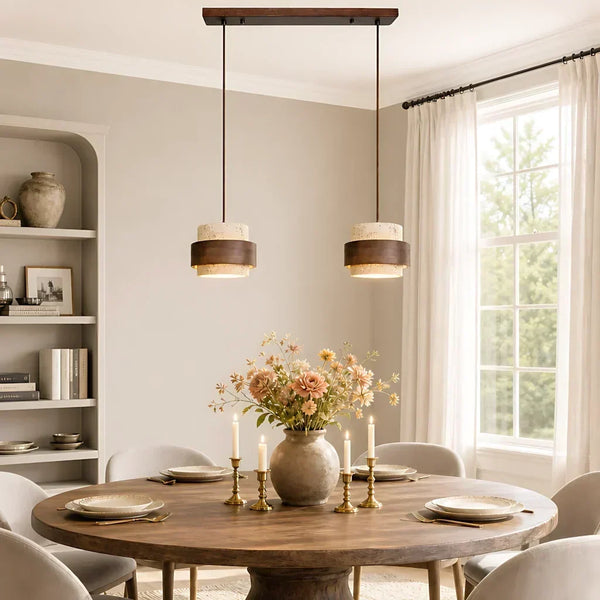 wabi sabi travertine wood cylindrical pendant light