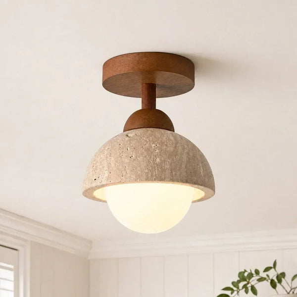wabi sabi travertine wood dome flush mount ceiling light