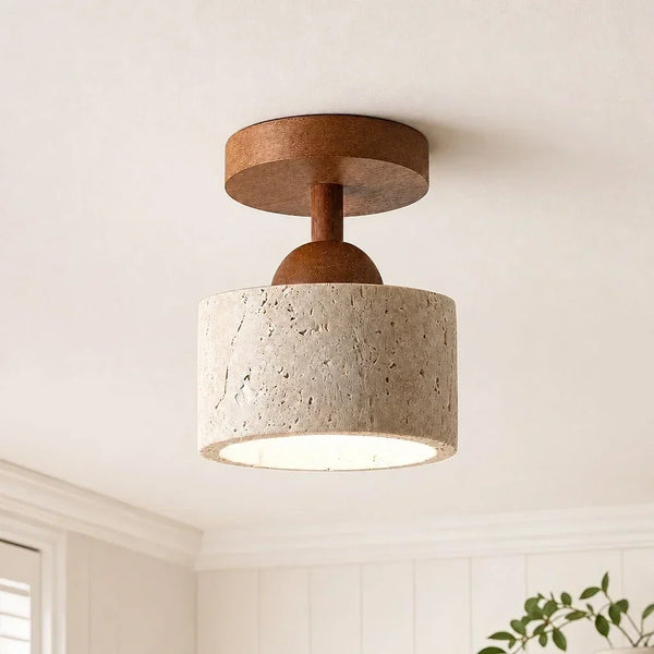 wabi sabi travertine wood dome flush mount ceiling light