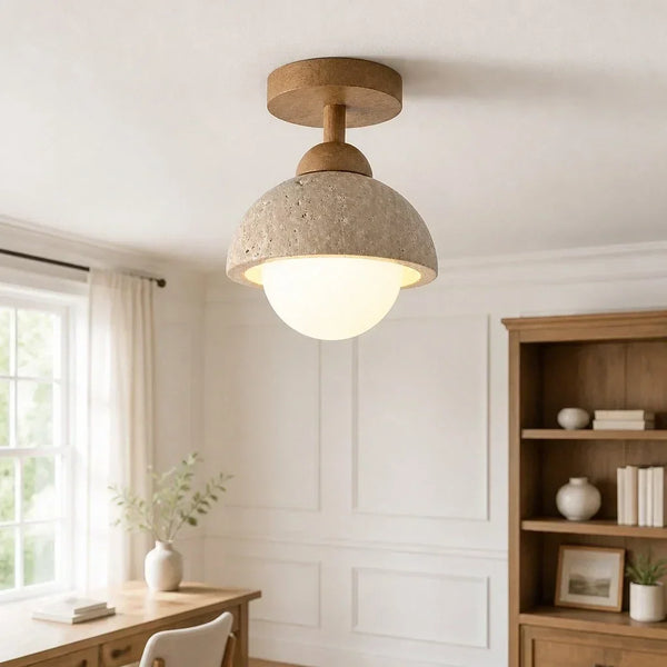 wabi sabi travertine wood dome flush mount ceiling light