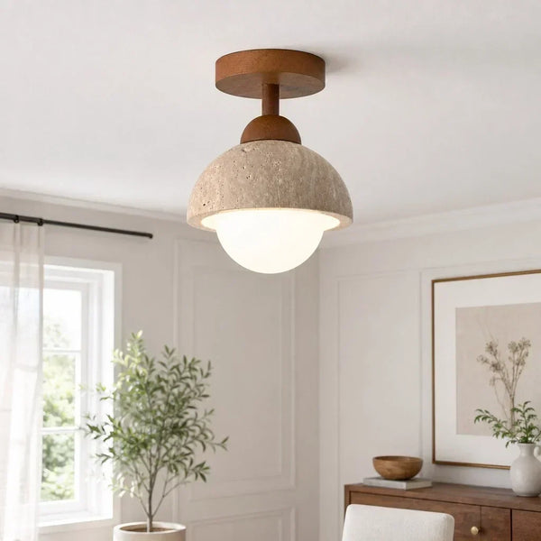 wabi sabi travertine wood dome flush mount ceiling light