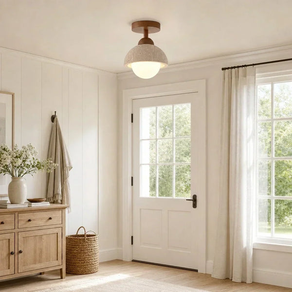 wabi sabi travertine wood dome flush mount ceiling light