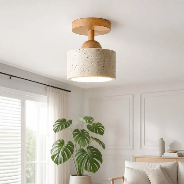 wabi sabi travertine wood dome flush mount ceiling light