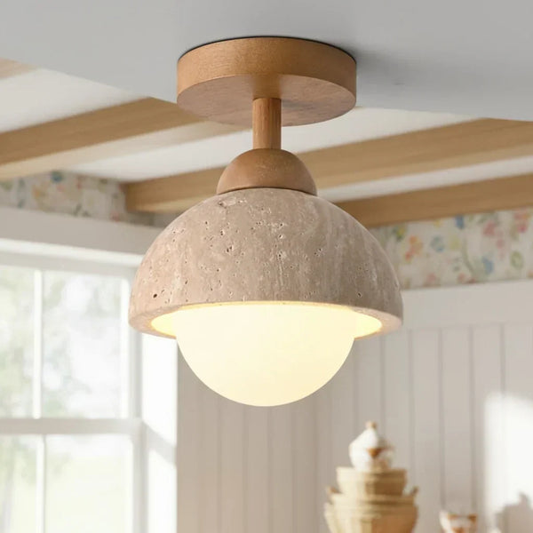 wabi sabi travertine wood dome flush mount ceiling light