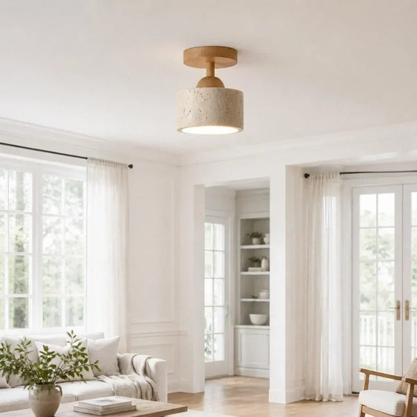 wabi sabi travertine wood dome flush mount ceiling light