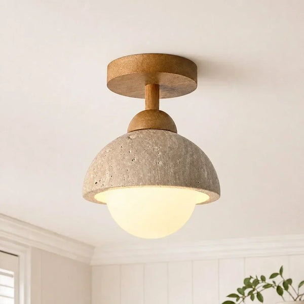 wabi sabi travertine wood dome flush mount ceiling light