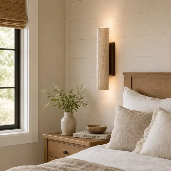 wabi sabi travertine wood tall column wall sconce