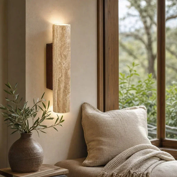 wabi sabi travertine wood tall column wall sconce