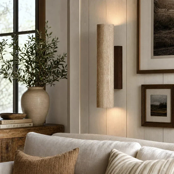 wabi sabi travertine wood tall column wall sconce