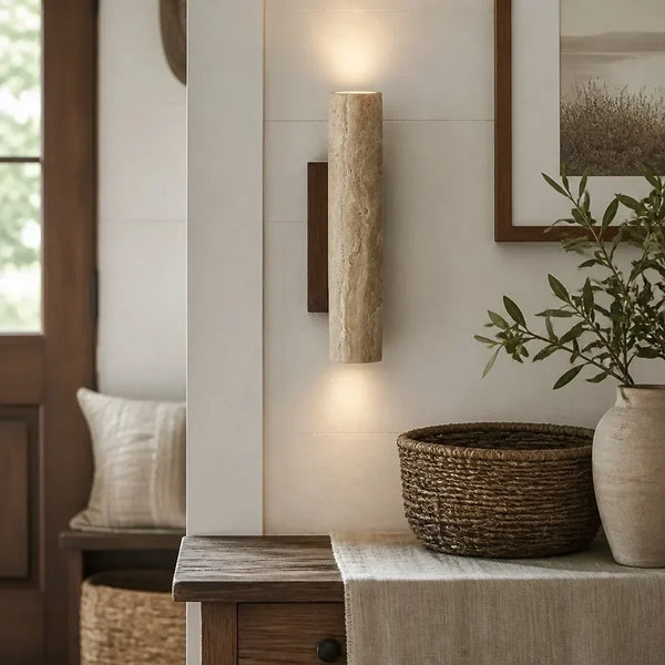 wabi sabi travertine wood tall column wall sconce
