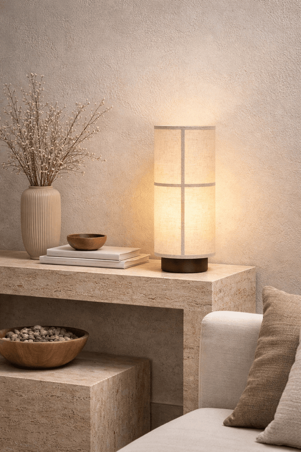 walnut fabric cylinder rechargeable table lamp