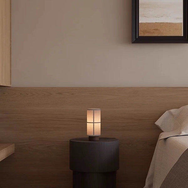 walnut fabric cylinder rechargeable table lamp