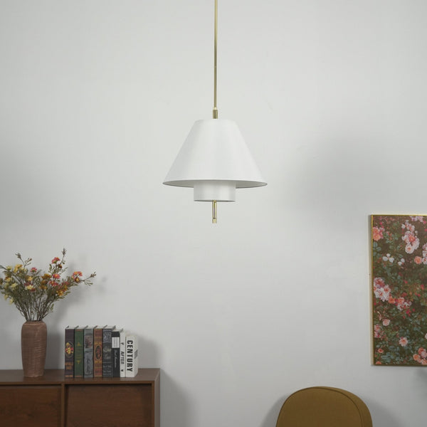 white fabric brass layered pendant light