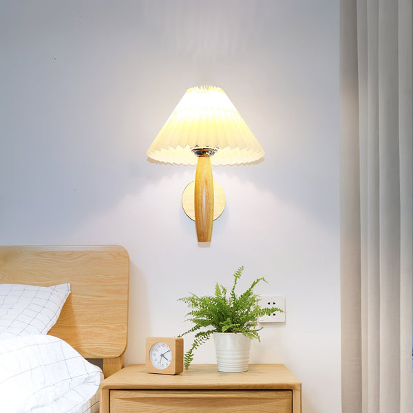 white linen pleated fabric wood wall sconce