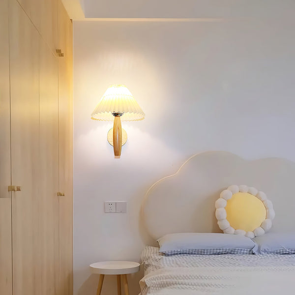 white linen pleated fabric wood wall sconce