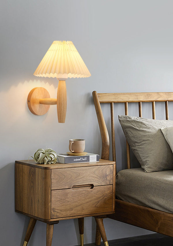white linen pleated fabric wood wall sconce